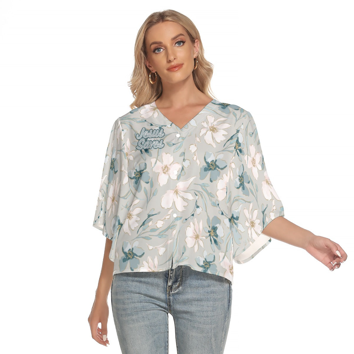 Elegant Women's Bat Sleeve V-neck Buttoned Top with Jesus Saves Design