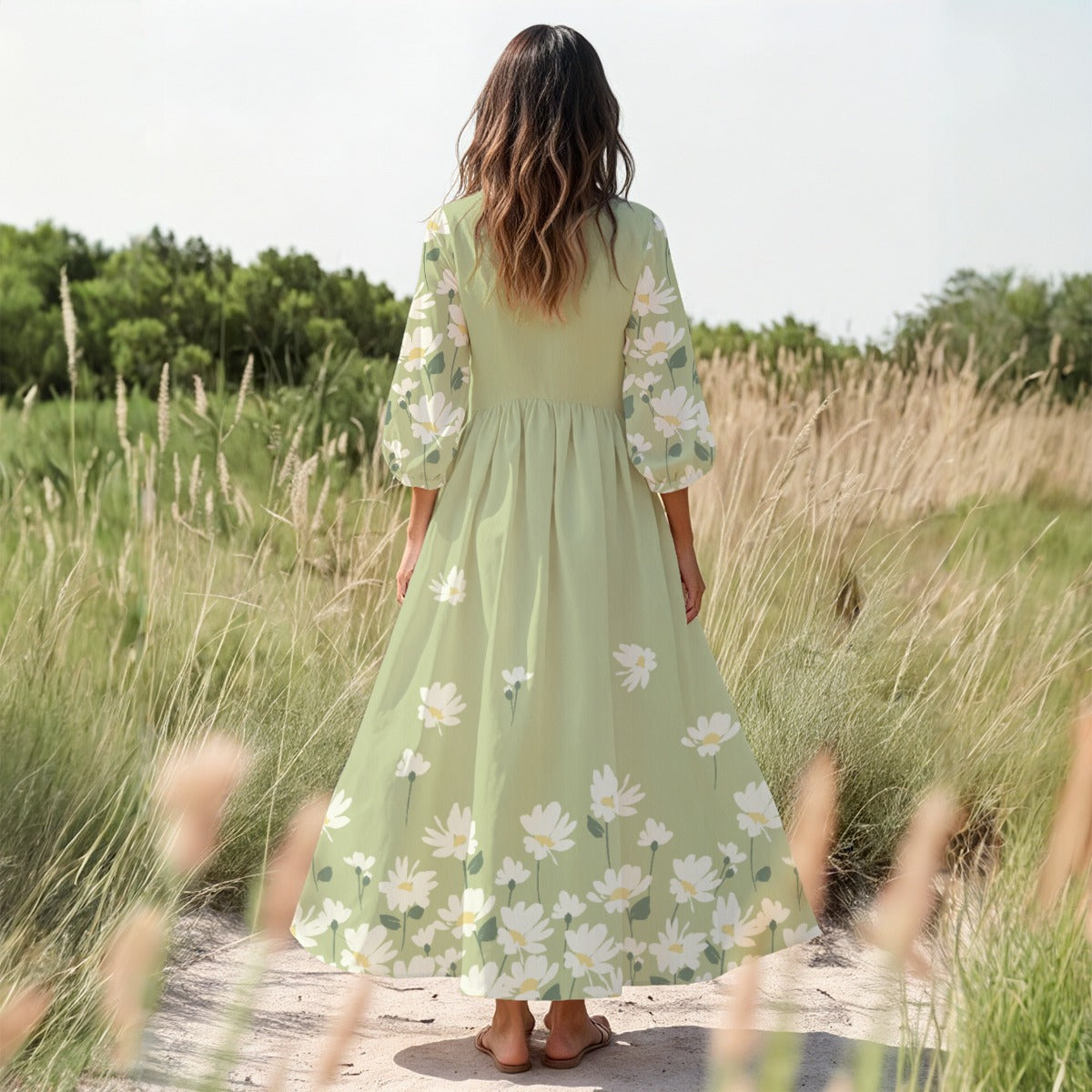 "Blessed Matthew 5:8" Women's White & Green Floral Long Sleeve Dress with High Waist & Puff Sleeves