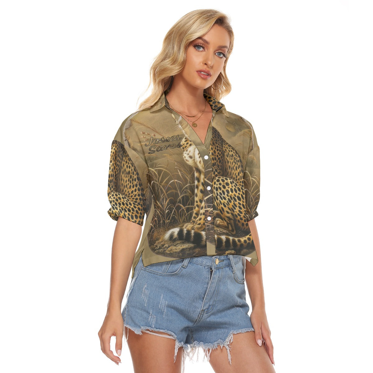 Jesus Saves Hayes Leopard Print Women's V-neck Loose Fit Polyester Shirts