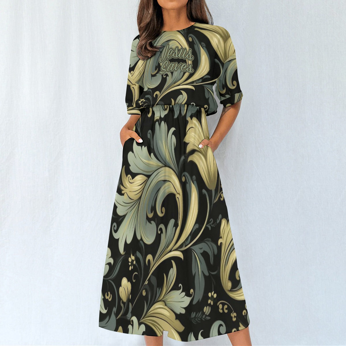 "Jesus Saves" Gold Green & Black Swirly Floral Women's Elastic Waist Dress with Four-Way Stretch for Everyday Fashion