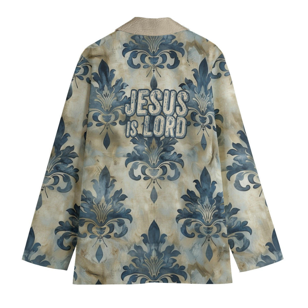 "Jesus is Lord" Blue & Beige Damask Pattern with Faux Leather Cotton Lapel Women's Leisure Blazer | 245GSM Cotton