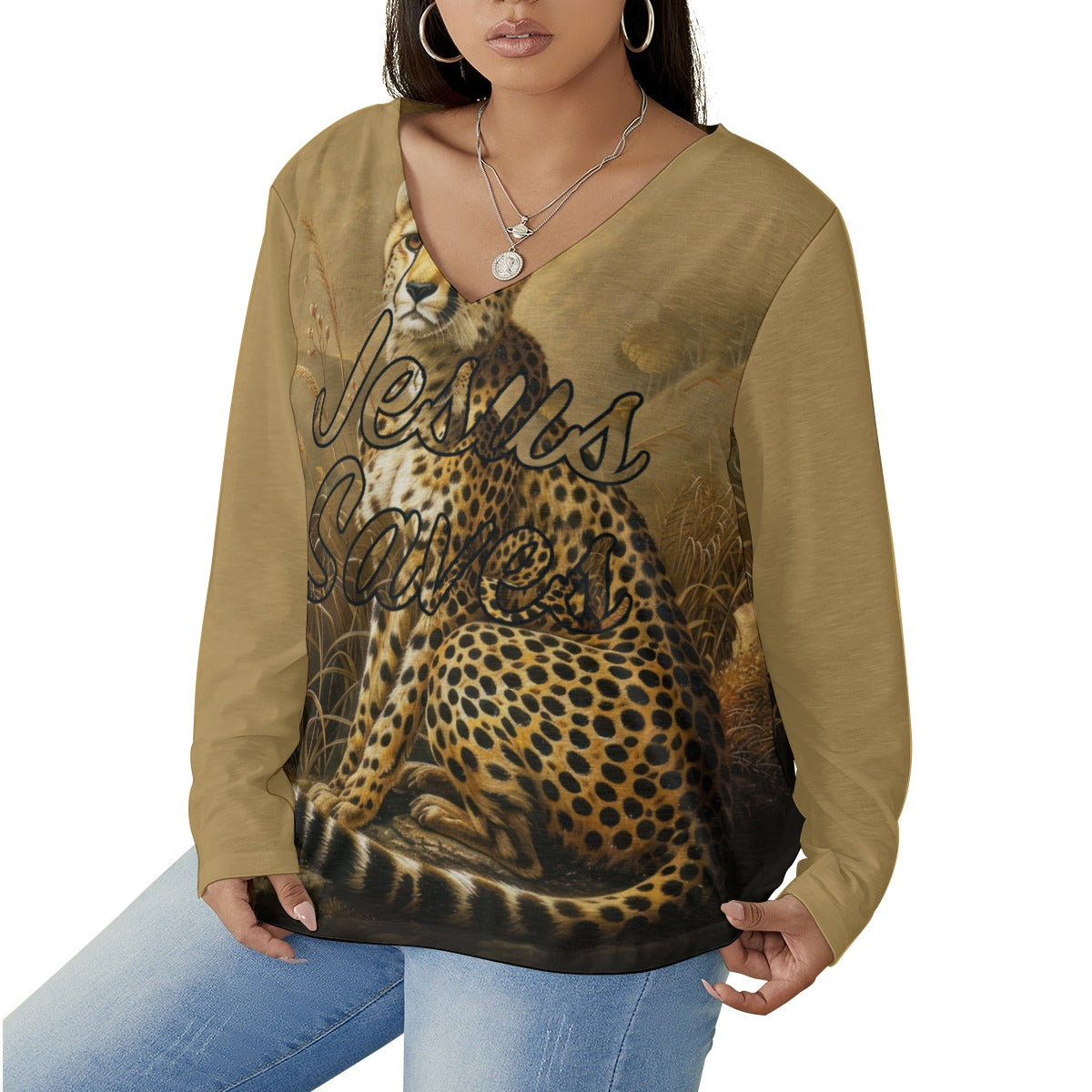 Jesus Saves Leopard Print Women's V-neck T-shirt With Curved Hem (Plus Size)