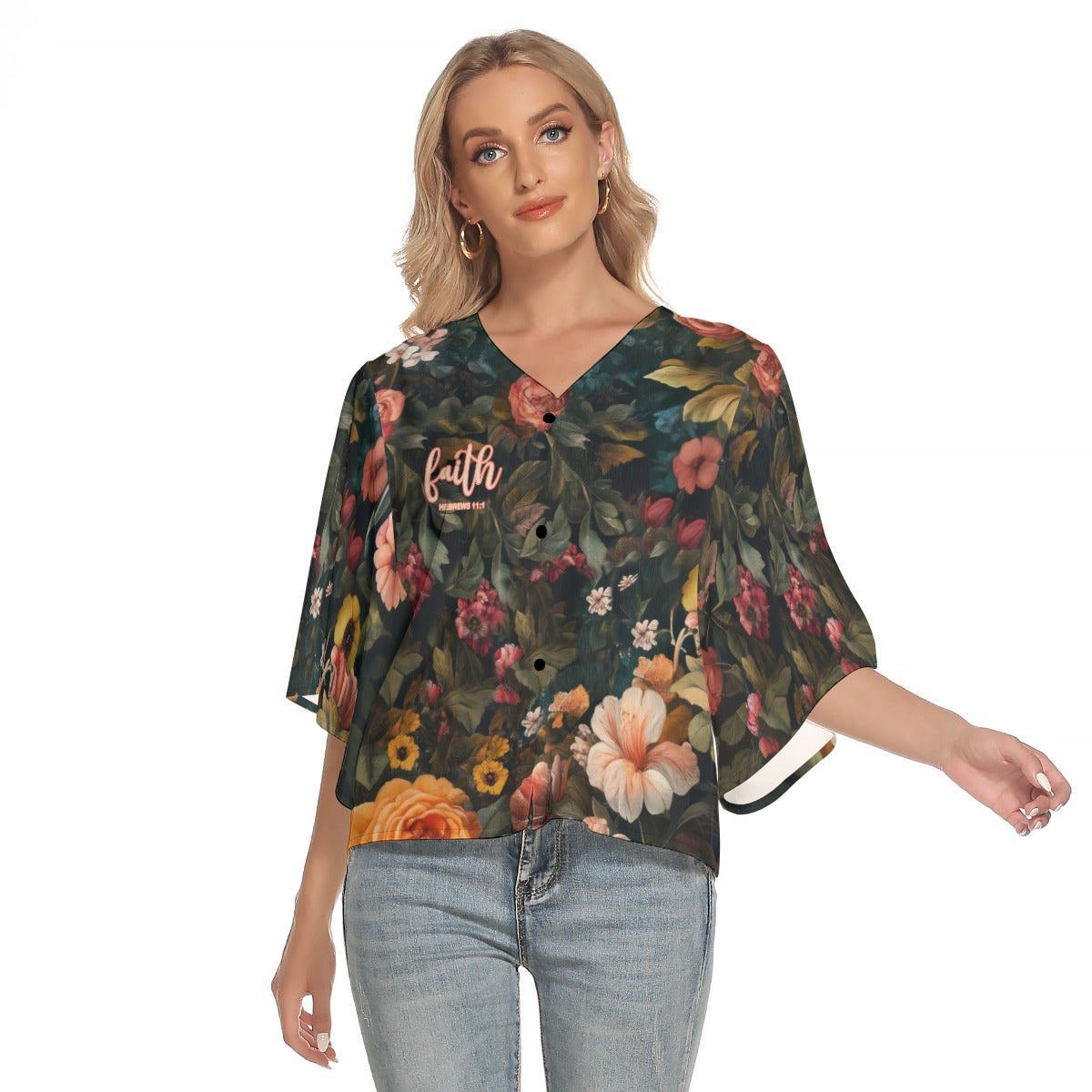 Leopard Floral Print Women's Bat Sleeve Elegant V-Neck Blouse with Button Closure