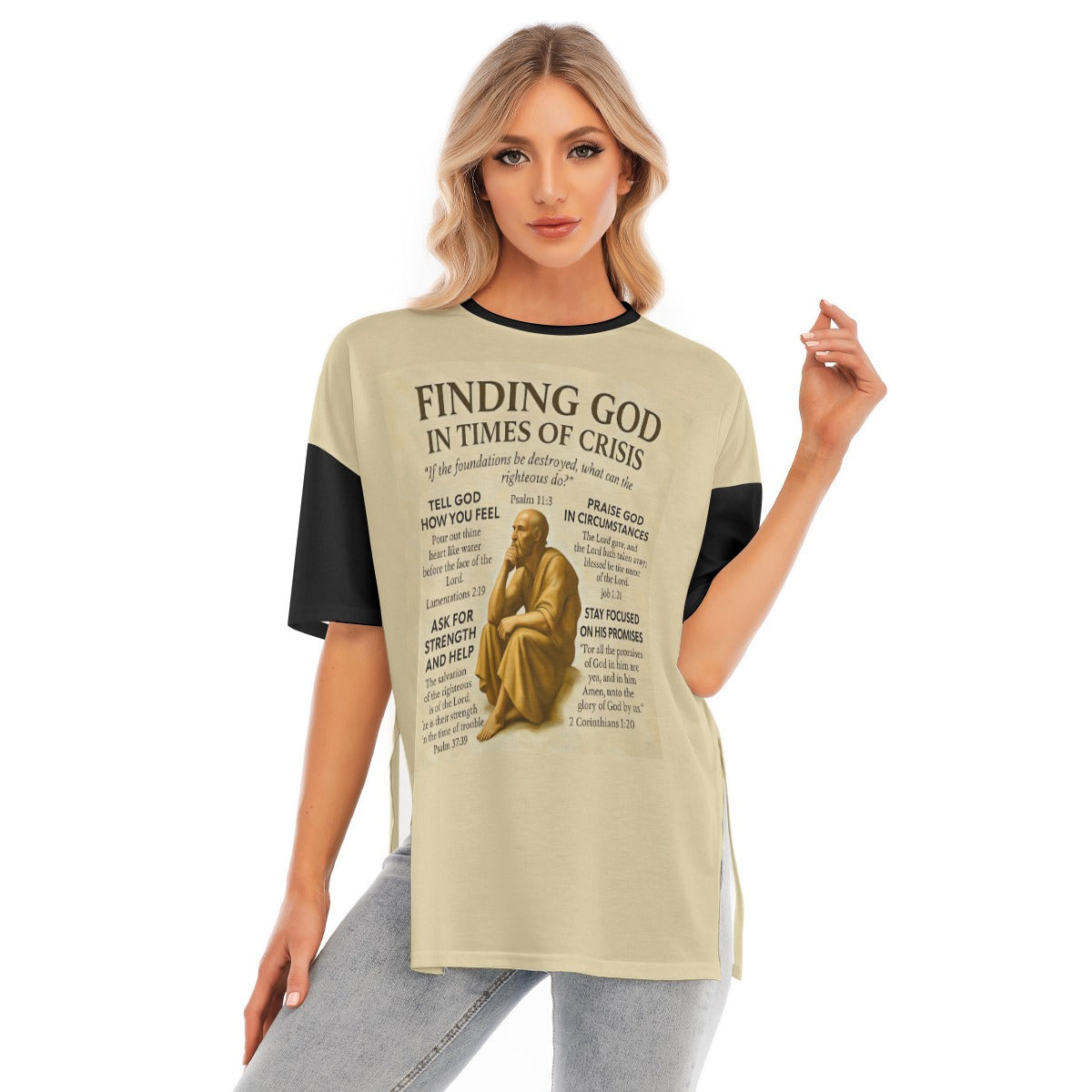 Women's Short Sleeves T-shirt With Hem Split "Finding God in Times of Crisis"