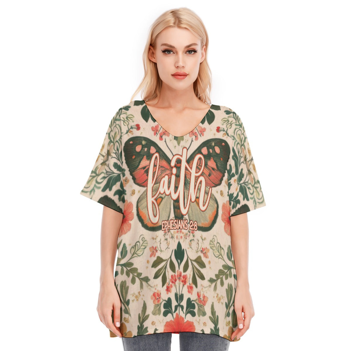 Faith Ephesians 2:8 Butterfly Floral Women's Bat Sleeve Blouse | 190GSM Cotton