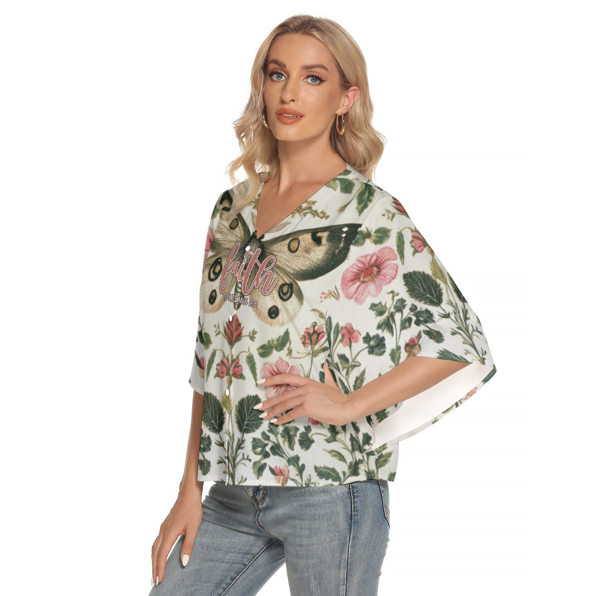 Elegant Women's Bat Sleeve V-neck Top with Faith Ephesians 2:8 Design