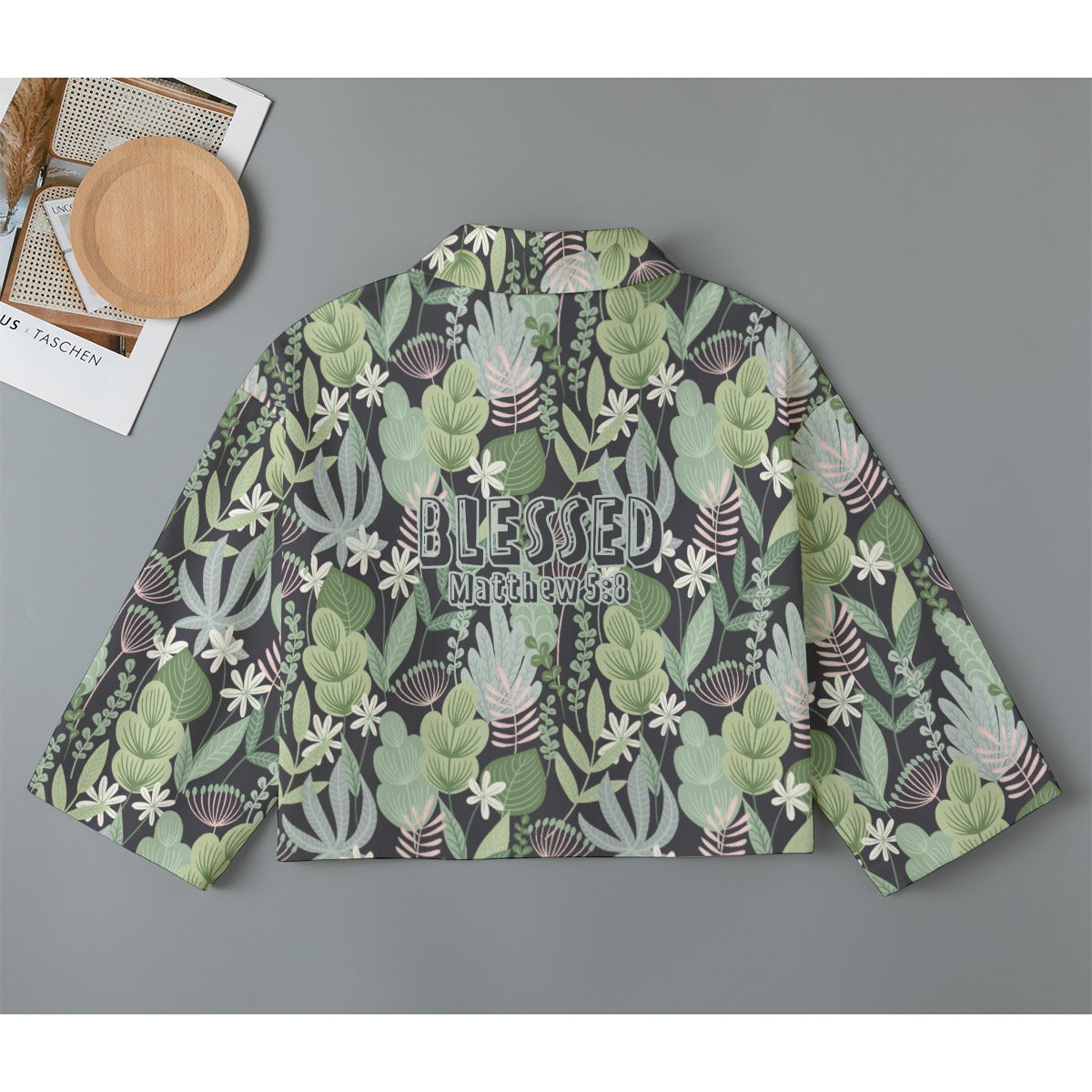 "Blessed Matthew 5:8" Green & Black Floral Print Women's Cropped Jacket | 245GSM Cotton