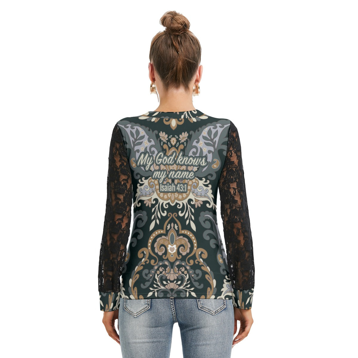 Women's Black Lace Trim T-shirt with Lantern Sleeve "My God knows my name"