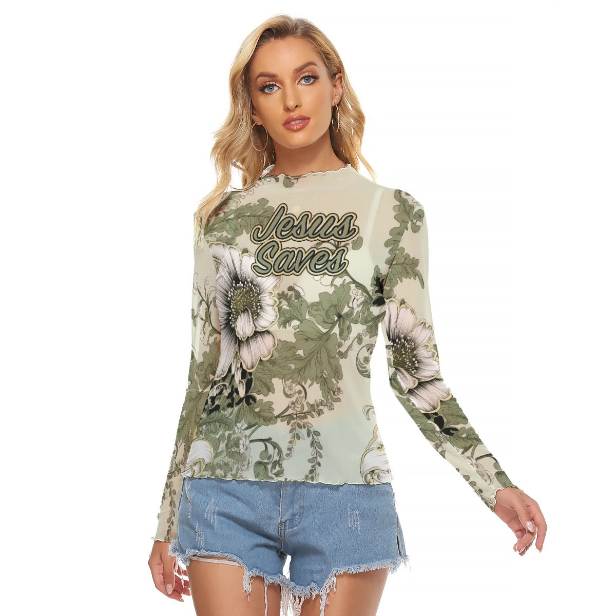 "Jesus Saves" Green & White Women's Mesh T-shirt with Long Sleeves - Breathable & Stylish Design