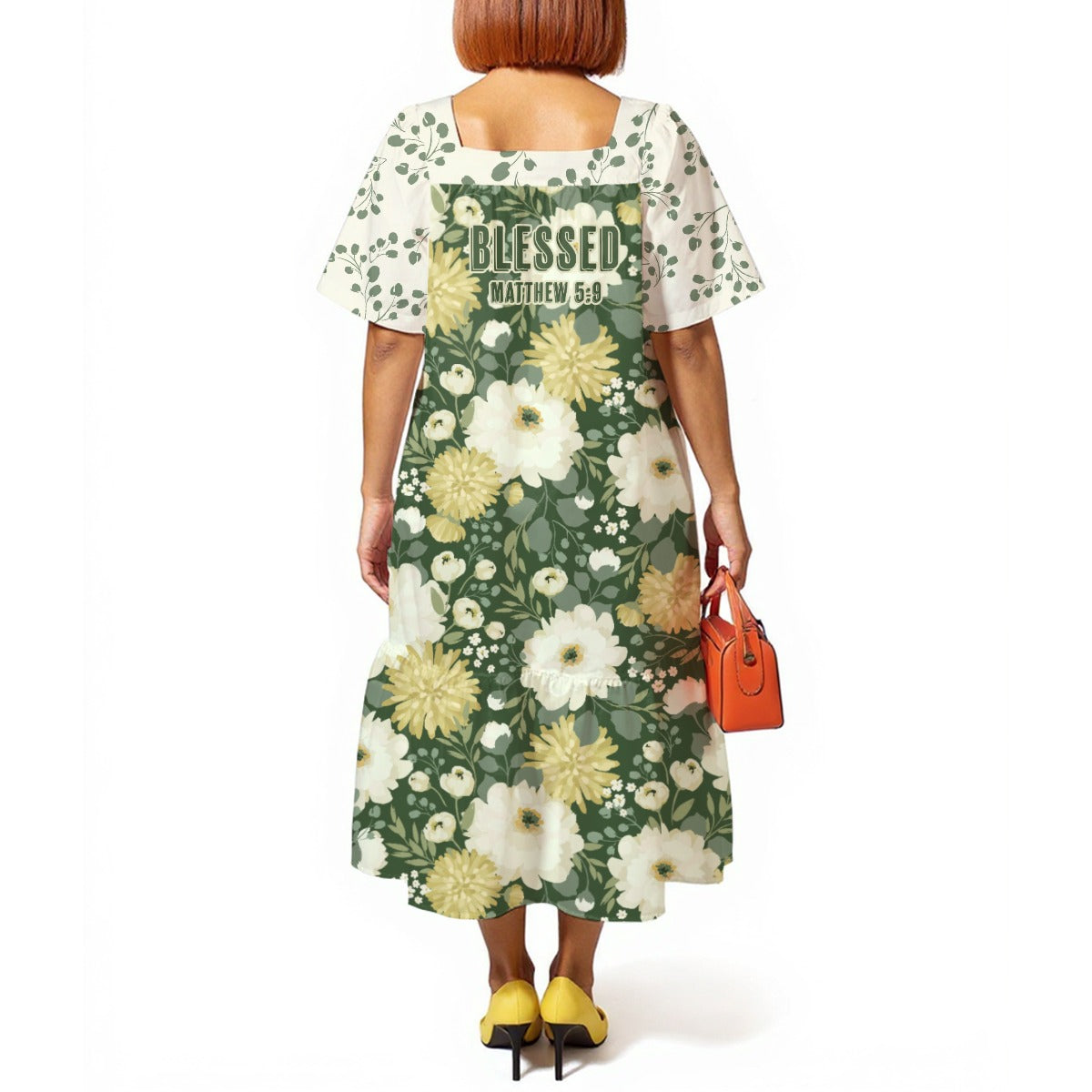 "Blessed Matthew 5:9" Women's Green & White Floral Print Long Dress with Puff Sleeves