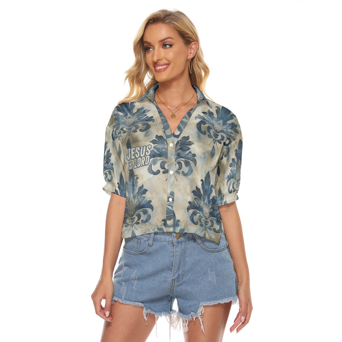 "Jesus is Lord" Faux Vintage Damask Pattern Women's V-neck Shirts