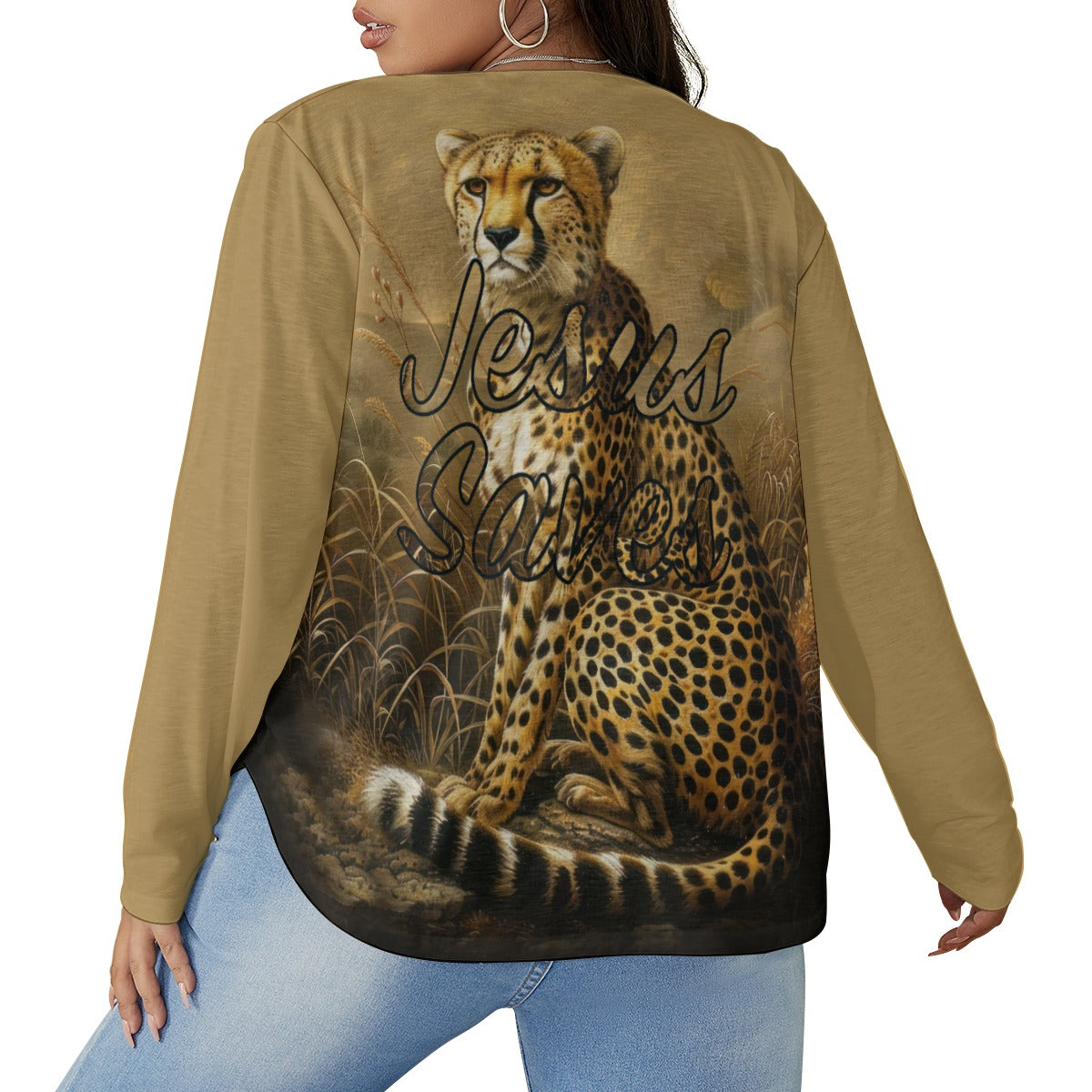 Jesus Saves Leopard Print Women's V-neck T-shirt With Curved Hem (Plus Size)