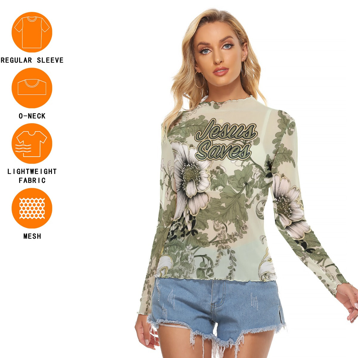 "Jesus Saves" Green & White Women's Mesh T-shirt with Long Sleeves - Breathable & Stylish Design