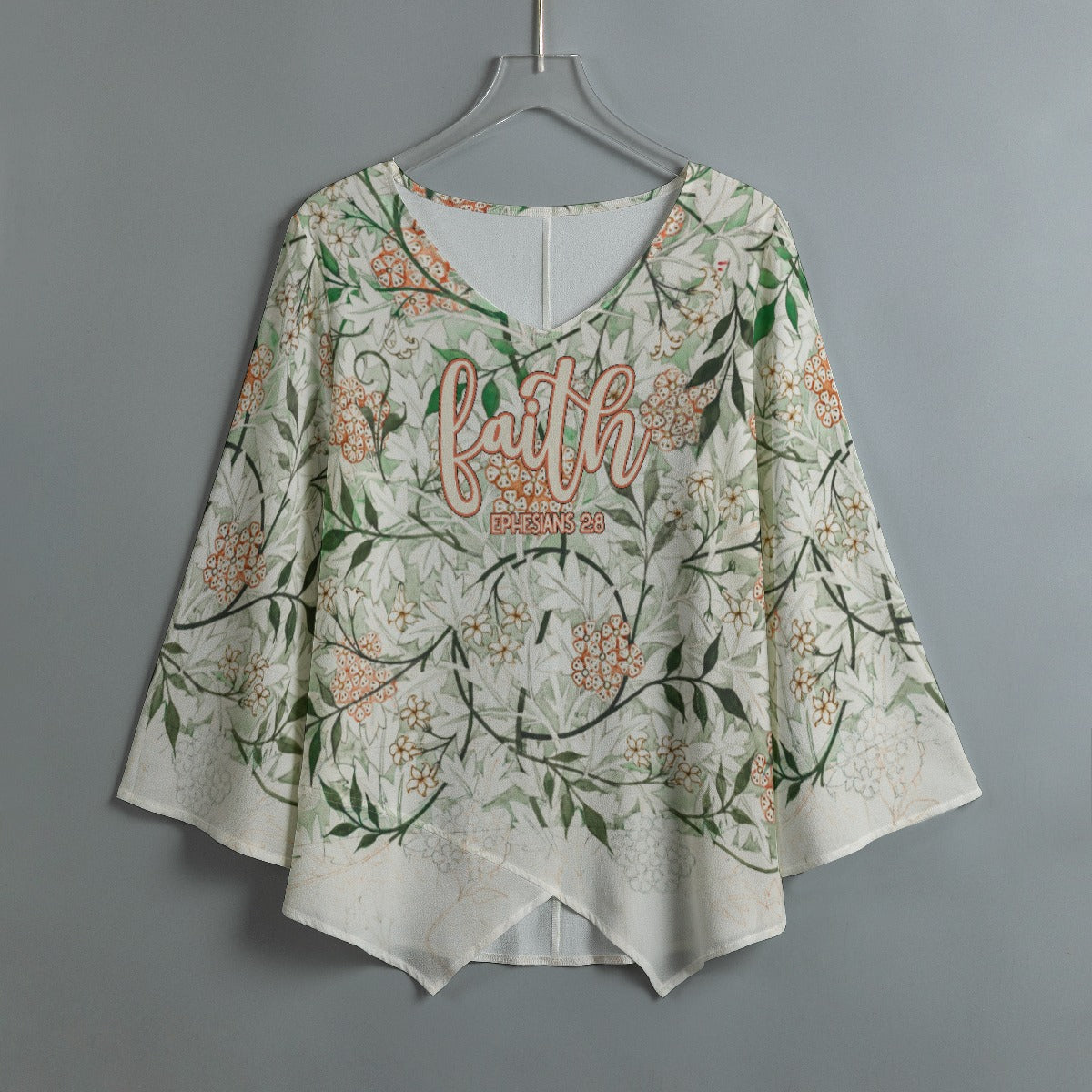 Faith Ephesians 2:8 Floral V-neck Irregular Hem Women's Polyester Top