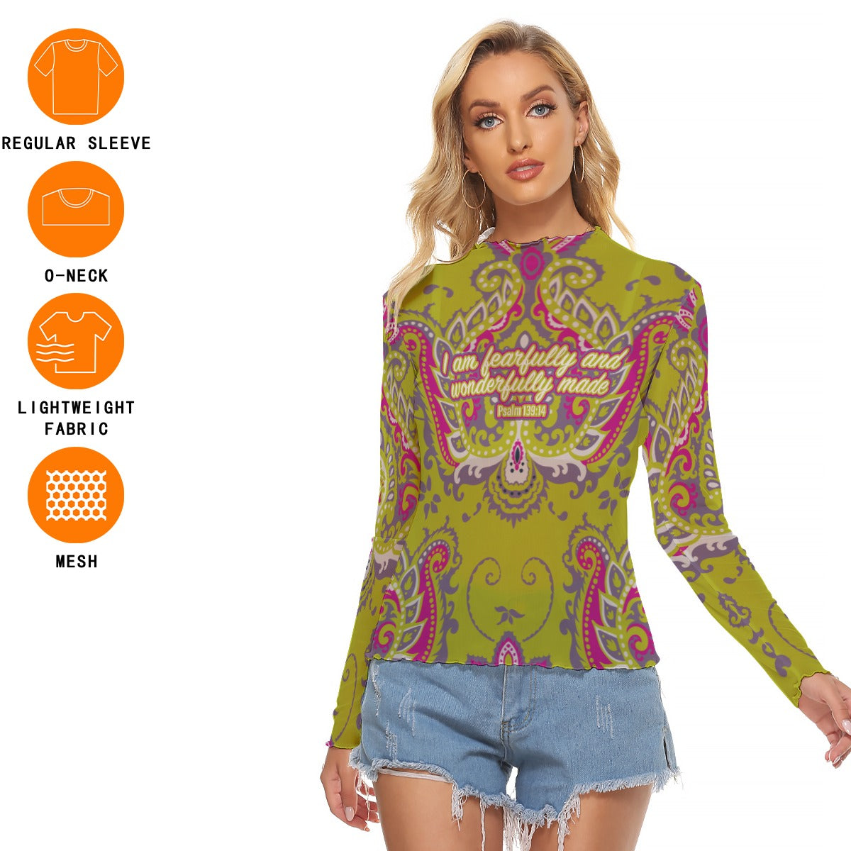 Lime Green Paisley Print Women's Mesh T-shirt "I am fearfully and wonderfully made"