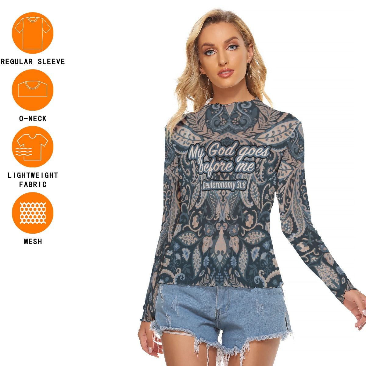 Blue Paisley Print Women's Mesh T-shirt "My God goes before me"