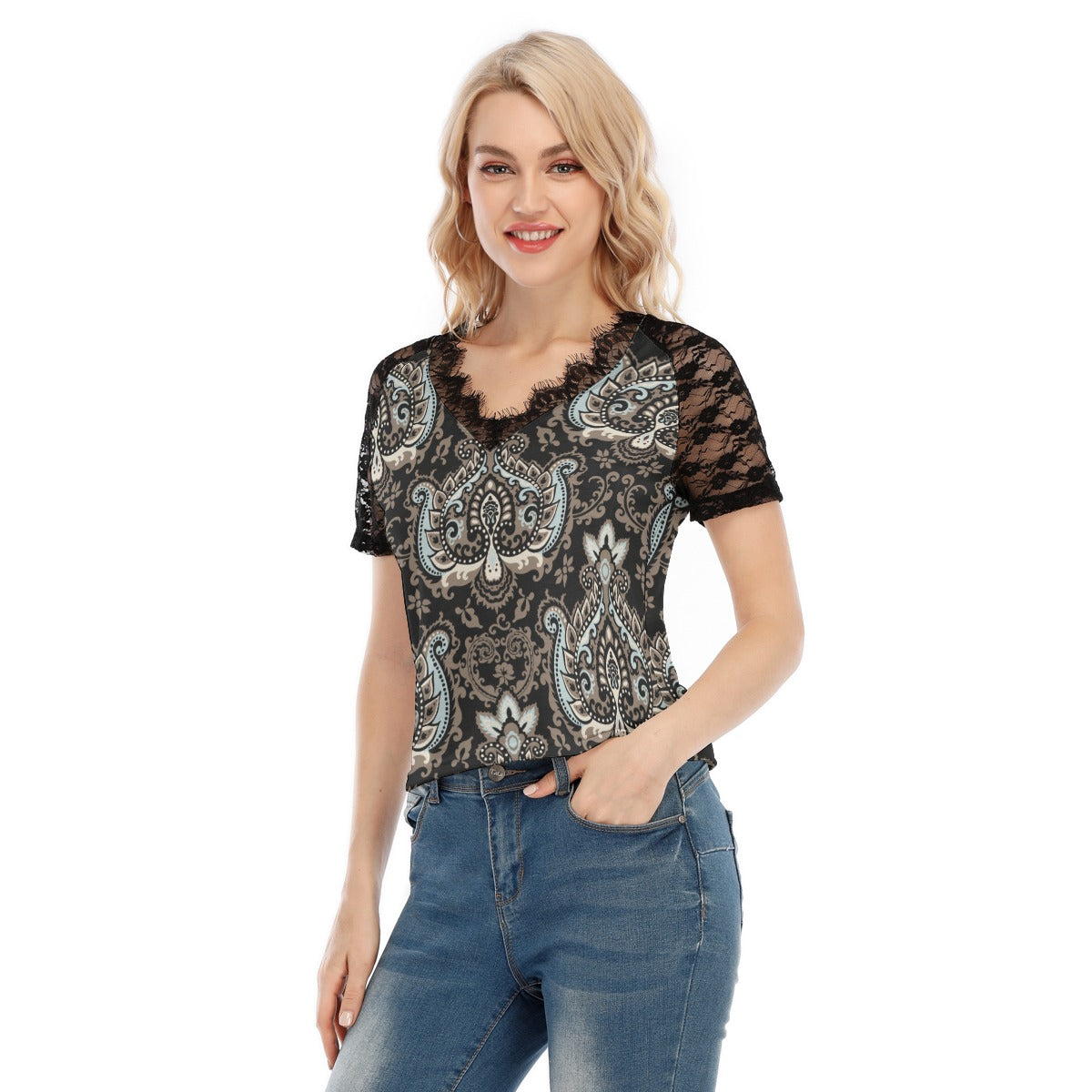 Women's Black Lace V-Neck T-Shirt Tee "I am a new creation"
