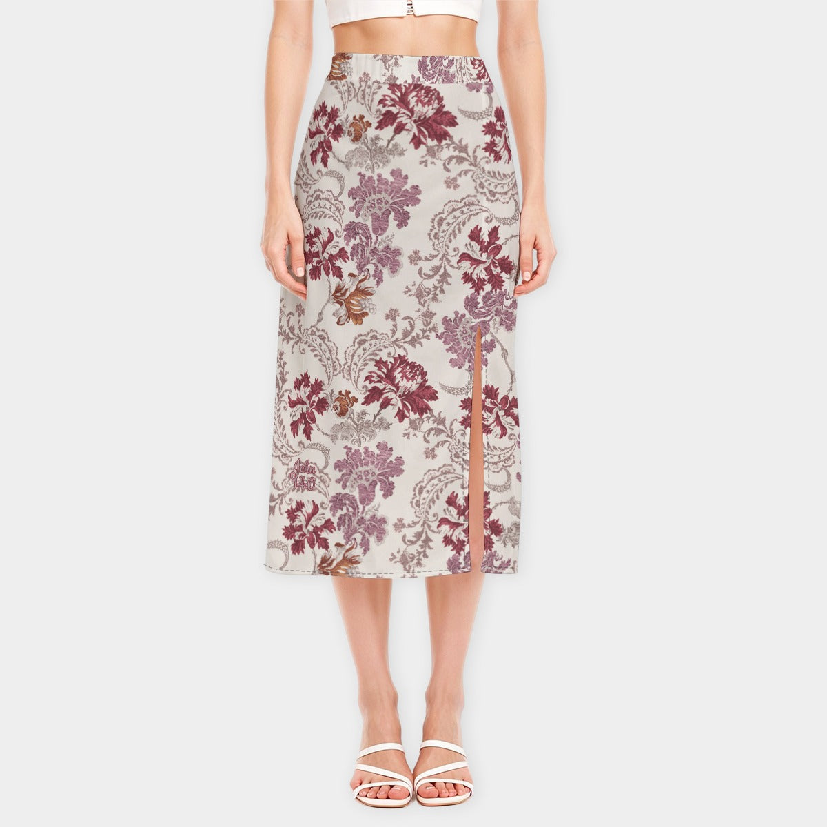 "John 14:6" Red & White Floral High-Stretch Milk Silk Midi Skirt for Women with Front Slit