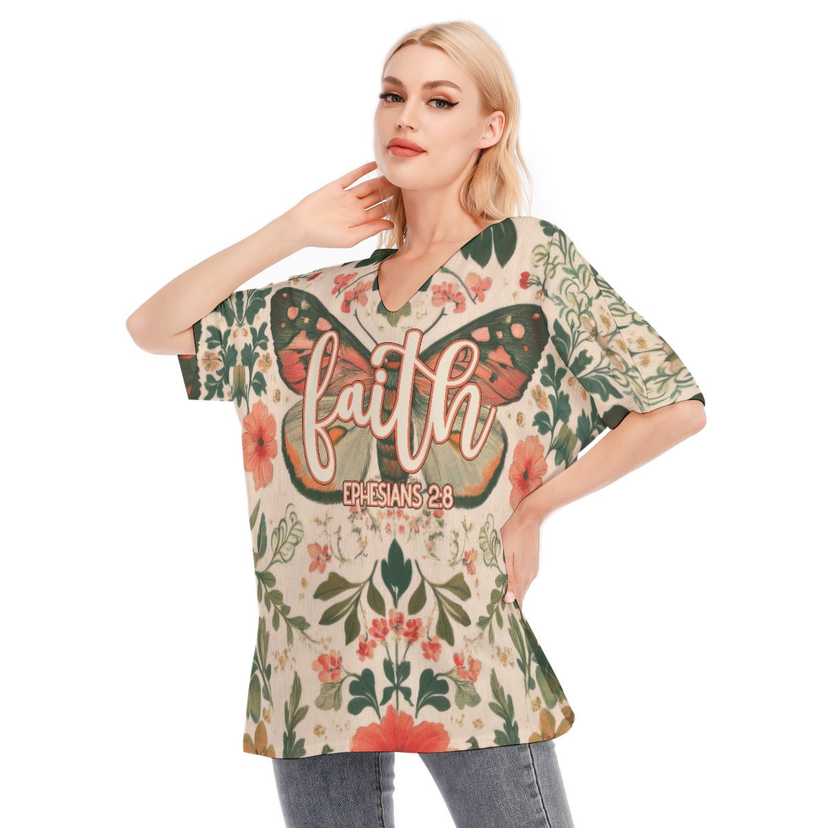 Faith Ephesians 2:8 Butterfly Floral Women's Bat Sleeve Blouse | 190GSM Cotton