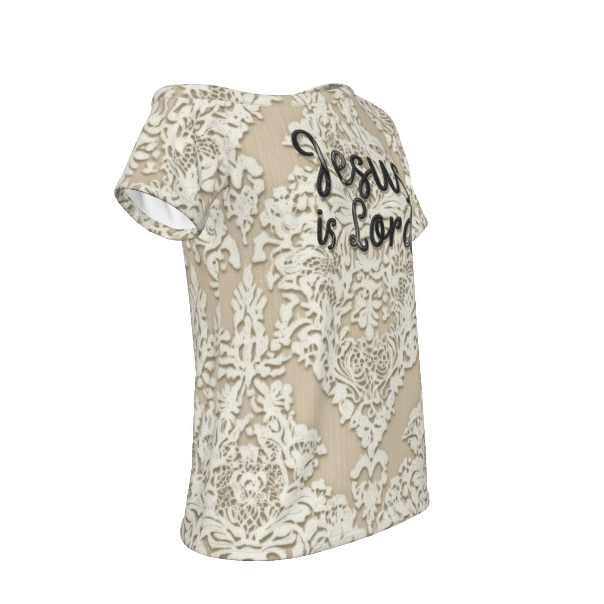 "Jesus is Lord" Faux Lace Women's Off-Shoulder Comfortable Jersey T-shirt, Showcasing Style & Versatility