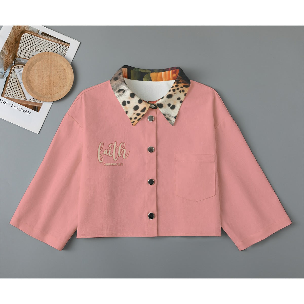 Pink Leopard Lapel Print Women's Cropped Jacket | 245GSM Cotton "Faith Hebrews 11:1"