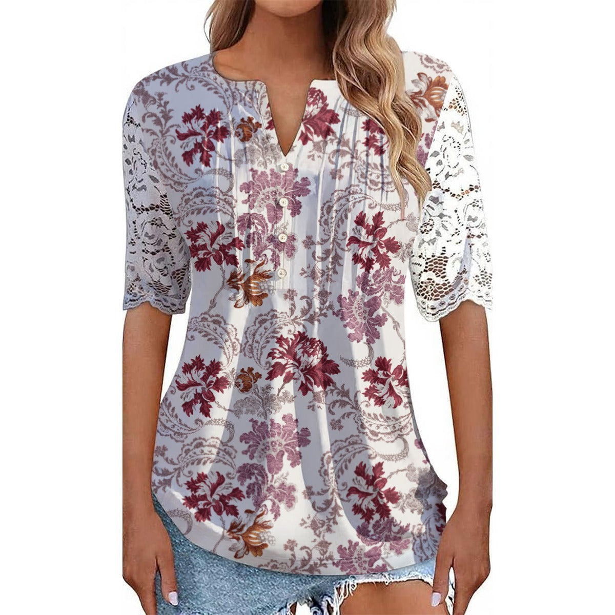 "John 14:6" Red & White Floral Women's Lace Sleeve Shirt