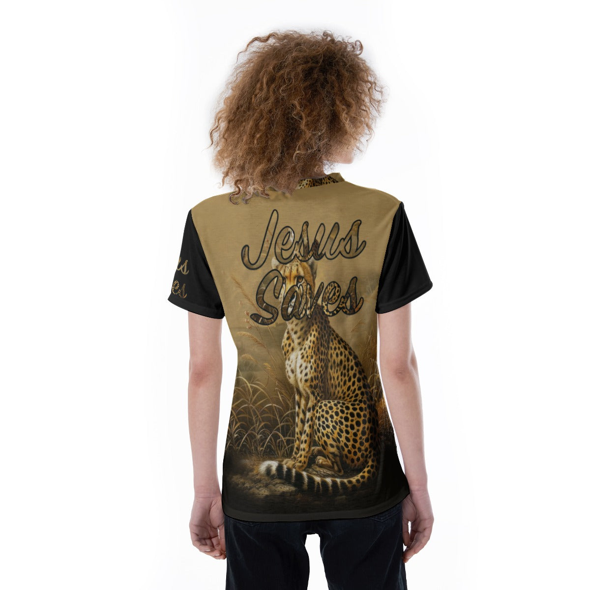 "Jesus Saves" Leopard with Black Sleeves V-neck Women's T-shirt