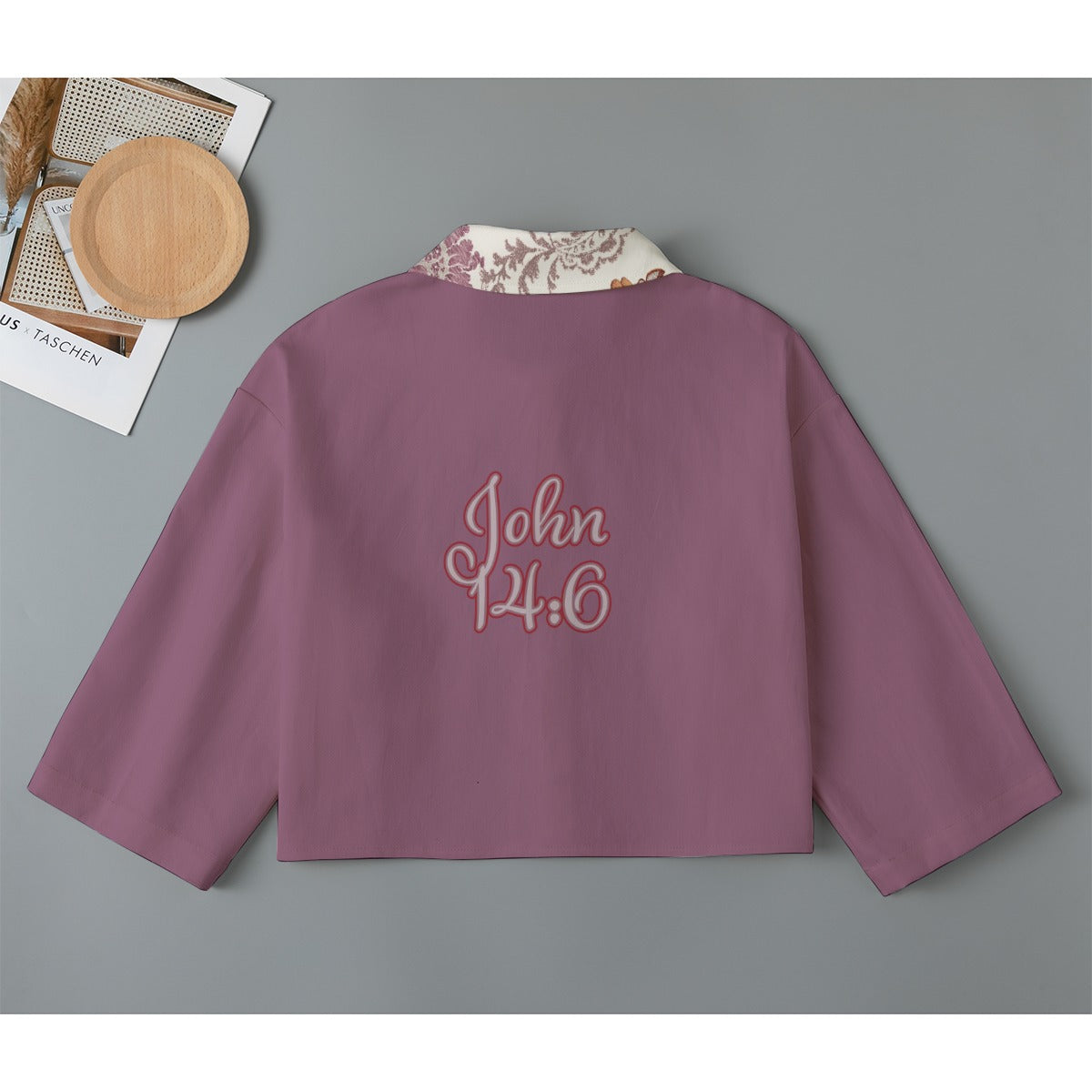 "John 14:6" Purple with Floral Collar Women's Cropped Jacket | 245GSM Cotton