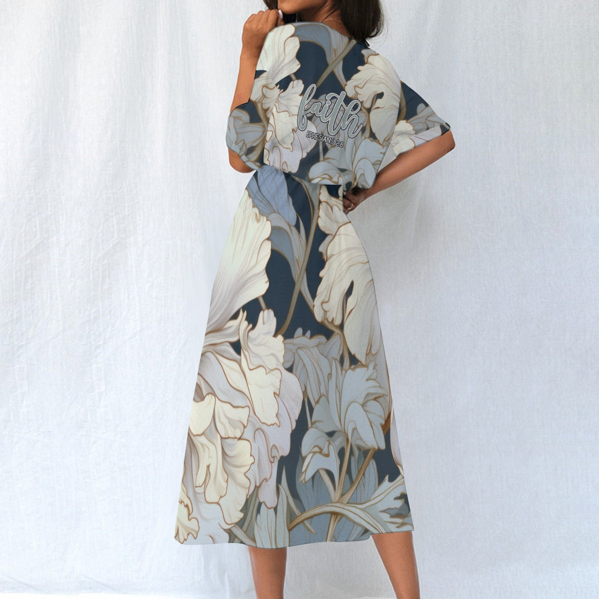 "Faith Ephesians 2:8" Blue & White Floralt Women's Elastic Waist Dress