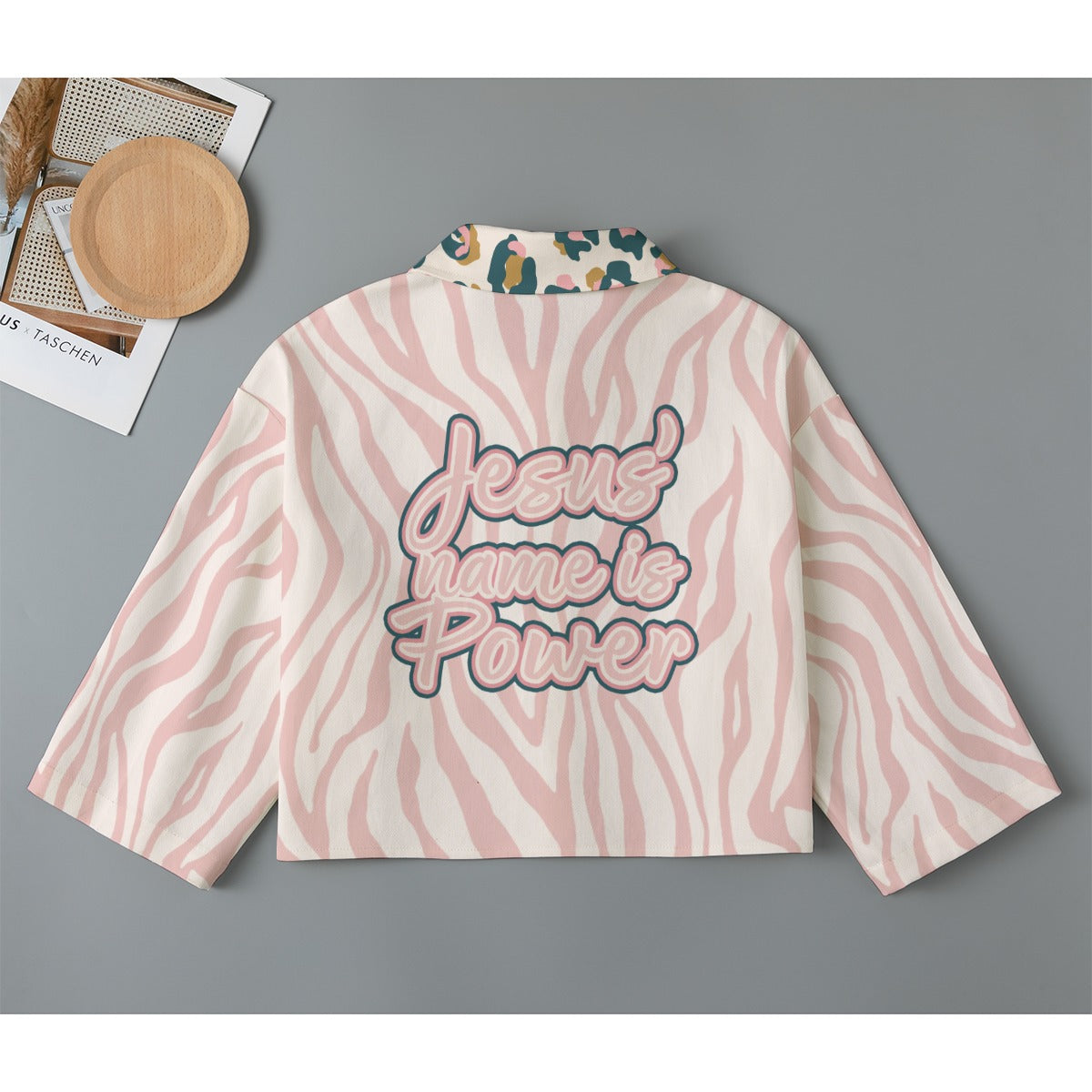 "Jesus' name is Power" Pink Zebra & Leopard Print Cropped Jacket | 245GSM Cotton