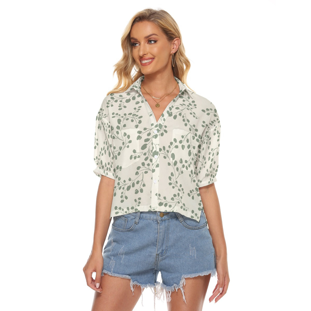 Green & White Floral Print Loose V-Neck Women's Shirt with Side Slits and Pockets