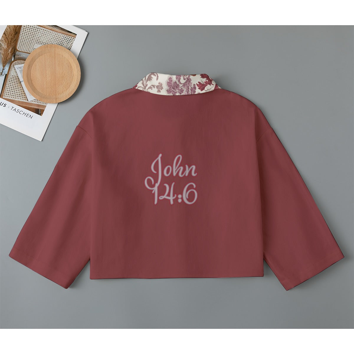 "John 14:6" Red with floral Collar Women's Cropped Jacket | 245GSM Cotton