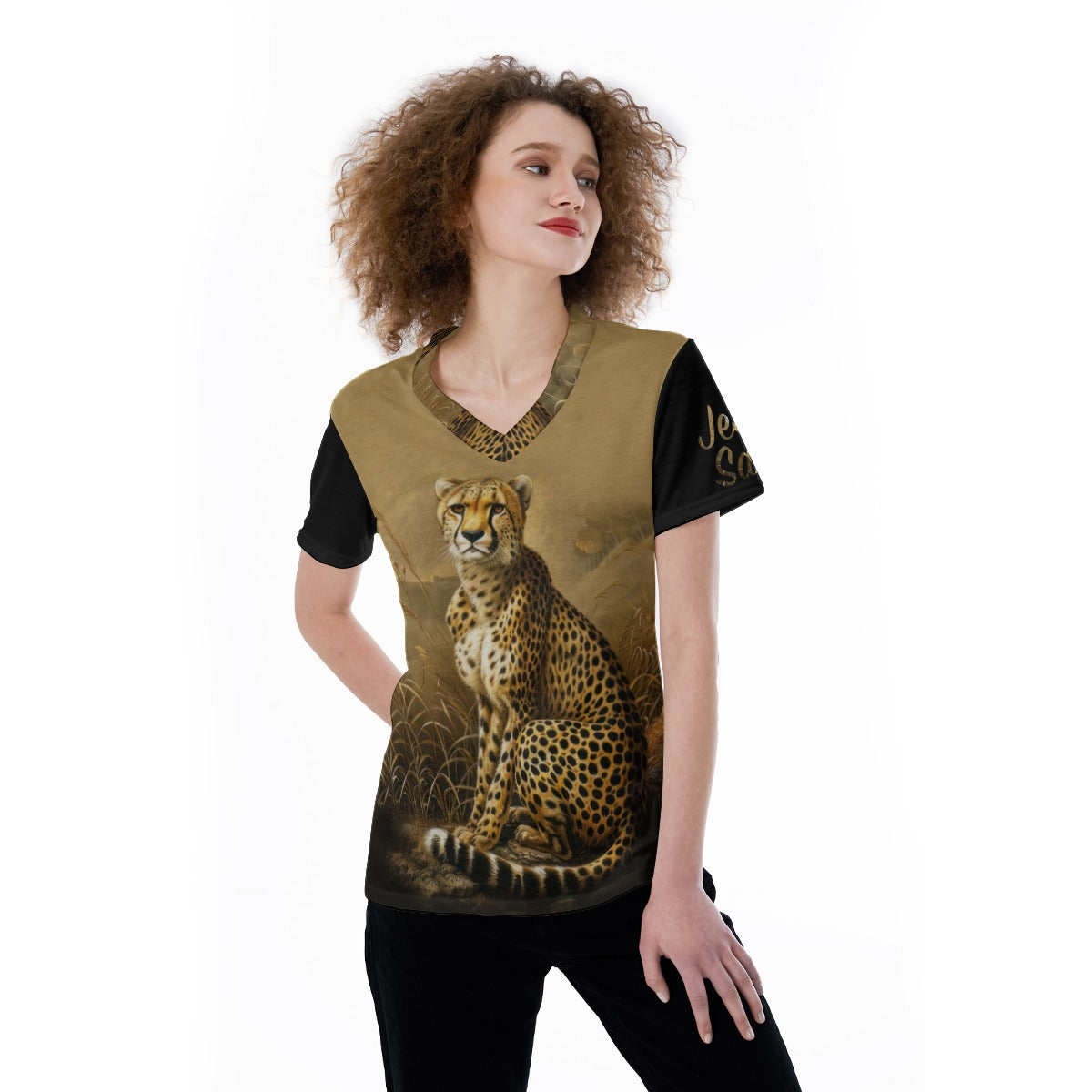 "Jesus Saves" Leopard with Black Sleeves V-neck Women's T-shirt