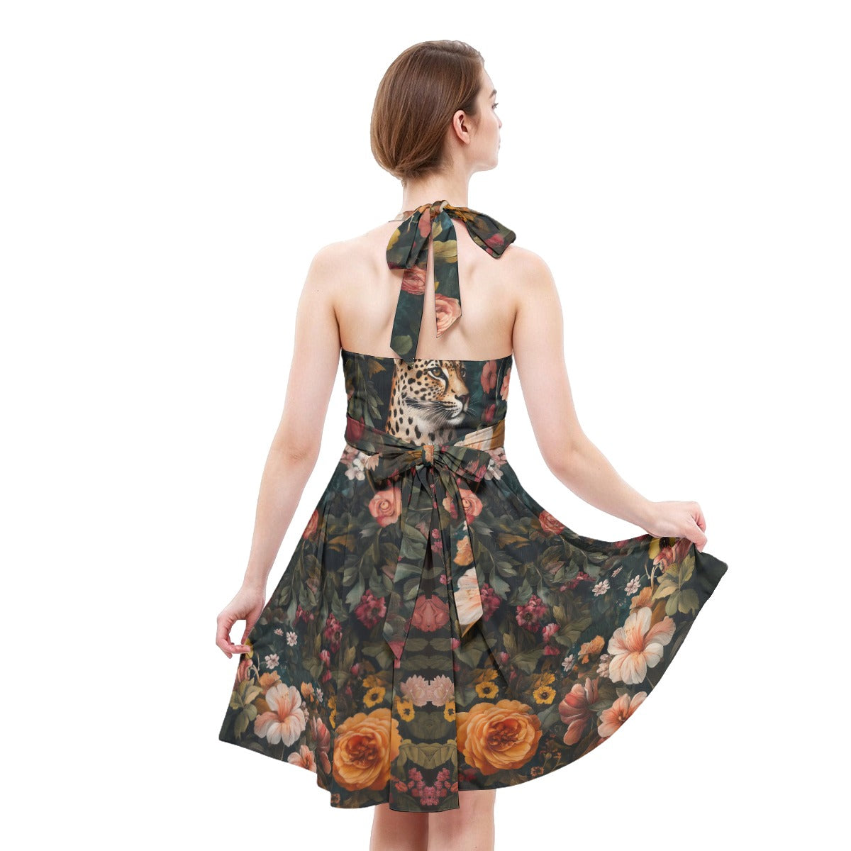 Leopard Floral Print Women’s Halter Skater Dress in Premium Milk Silk Fabric "Faith Hebrews 11:1"