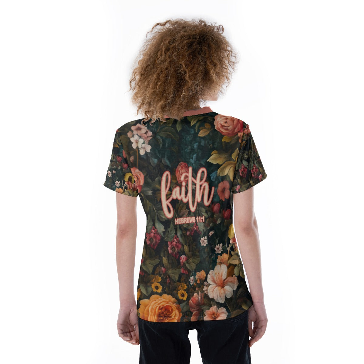 LeopardFloral Print V-Neck Women's T-Shirt -"Faith Hebrews 11:1"