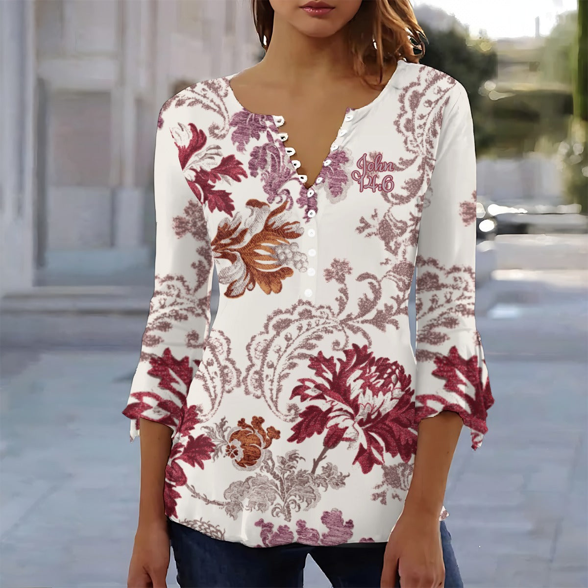 John 14:6 Red & White Floral 3/4 Sleeve Women's T-Shirt for Elegant Casual Wear