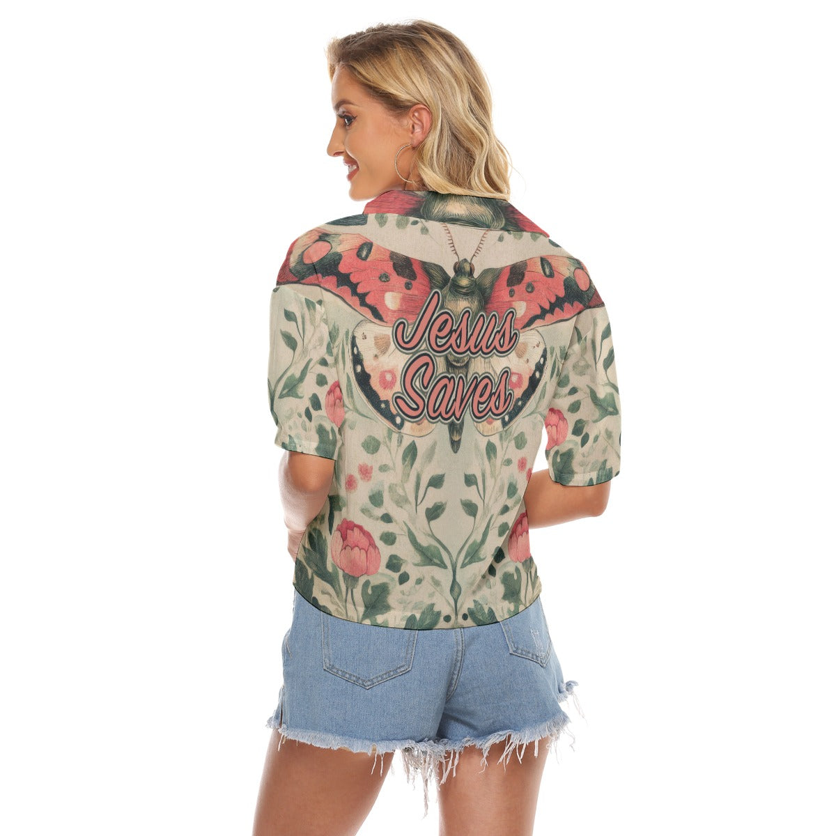"Jesus Saves" Butterfly Floral Women's Fashionable V-neck Polyester Shirt with Side Slits and Double Pockets