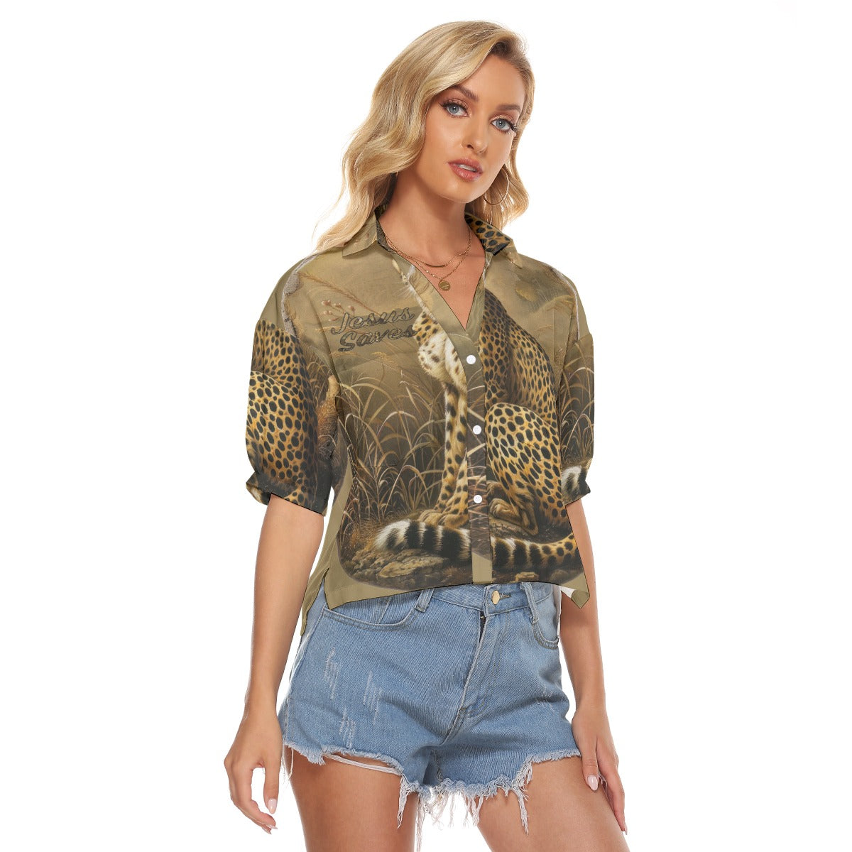 "Jesus Saves" Leopard Design Women's Fashionable V-neck Loose Fit Shirts with Side Slits and Pockets