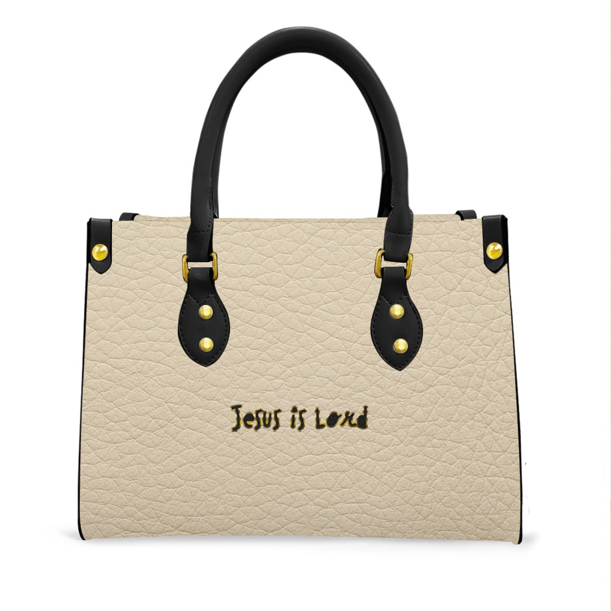 "Jesus is Lord" Faux Cream Leather Women's Tote Bag With Black Handle