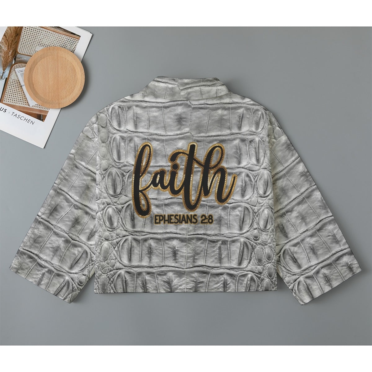 "Faith Ephesians 2:8" Gray Faux Alligator Women's Cropped Jacket | 245GSM Cotton
