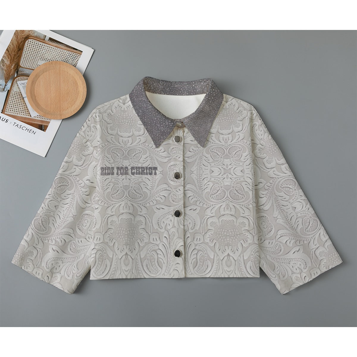 "Ride for Christ" off-white Faux Tooled leather Cotton Women's Cropped Jacket | 245GSM Cotton