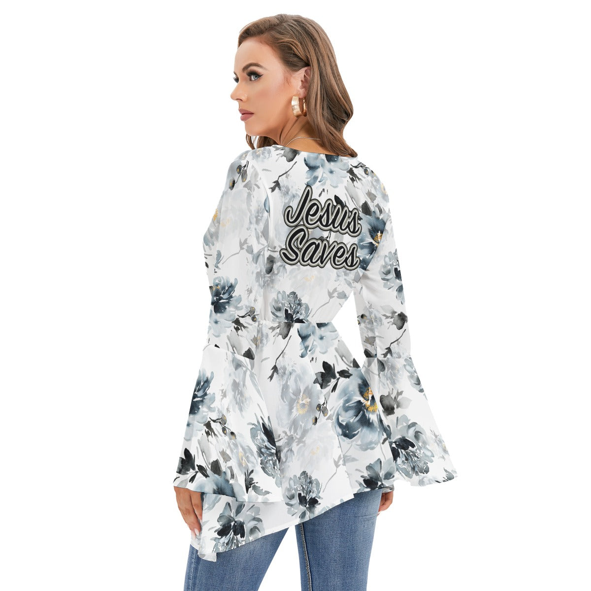 "Jesus Saves" White Blue & Black Floral Women's V-neck Blouse With Flared Sleeves