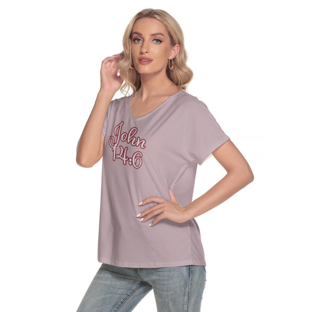 "John 14:6" Purple Women's Loose V-neck Short Sleeve T-shirt