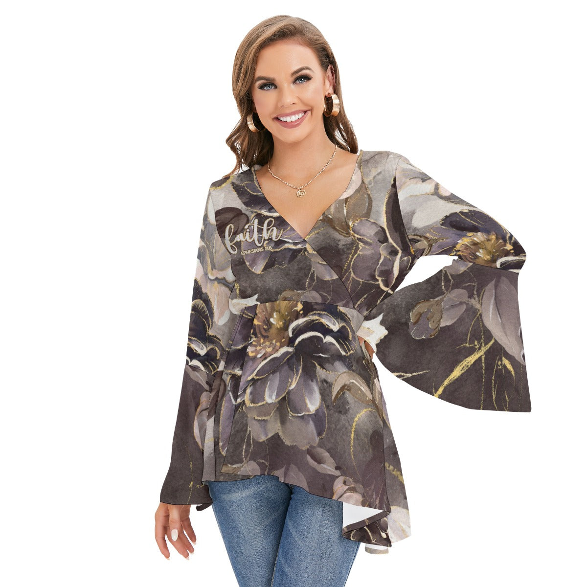 Women's V-neck Blouse With Flared Sleeves "Faith Ephesians 2:8"