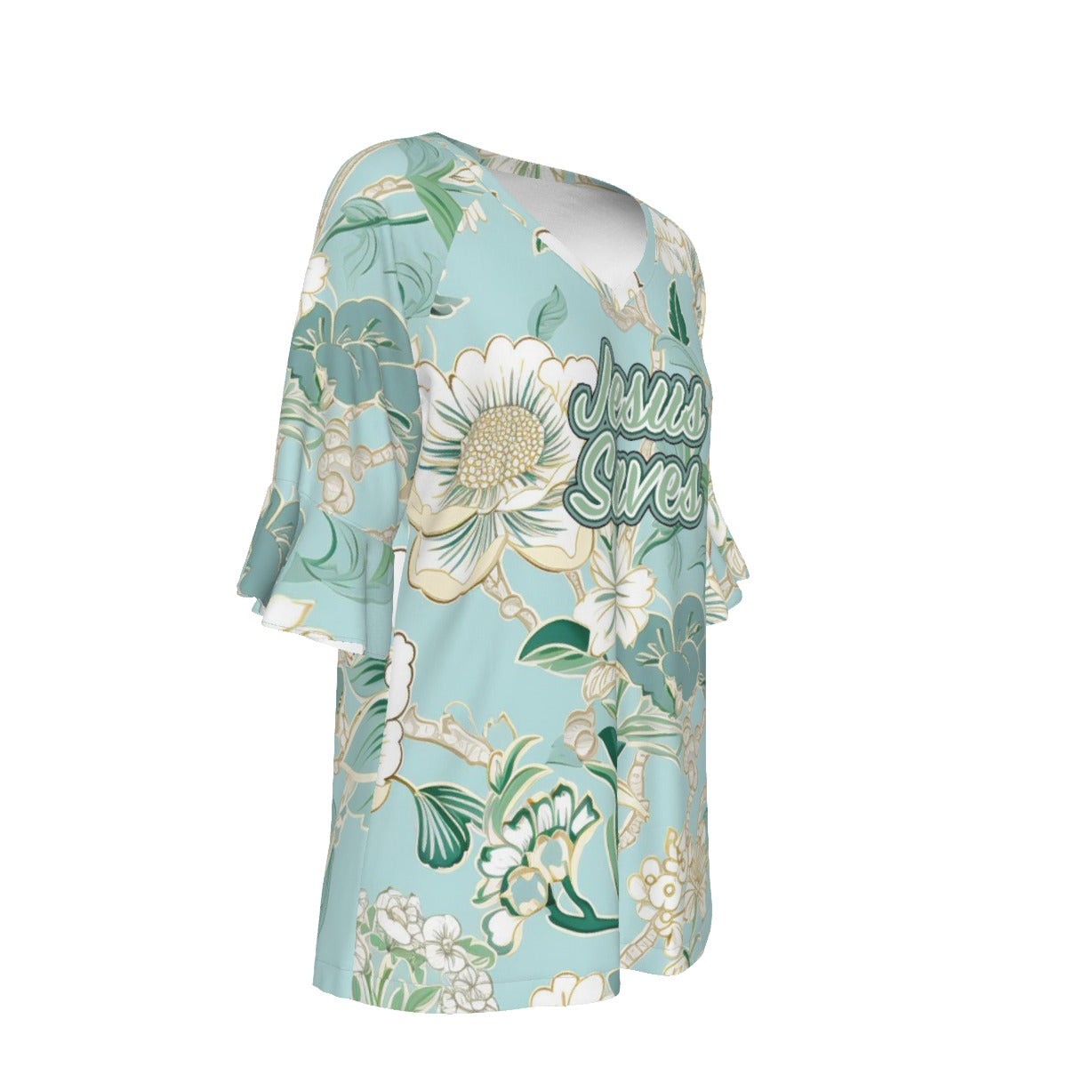 "Jesus Saves ask me how" Blue Floral V-Neck Women's T-Shirt with Bell Sleeve - Soft Jersey Fabric & Feminine Style