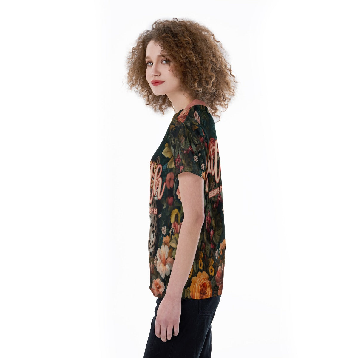 LeopardFloral Print V-Neck Women's T-Shirt -"Faith Hebrews 11:1"