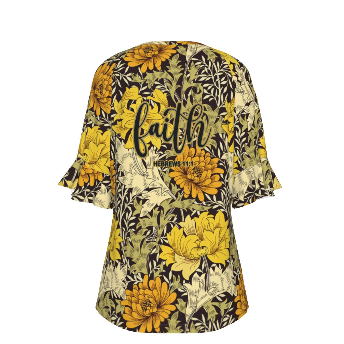 "Faith Hebrews 11:1" Black & Yellow Floral V-neck Women's T-shirt With Bell Sleeve
