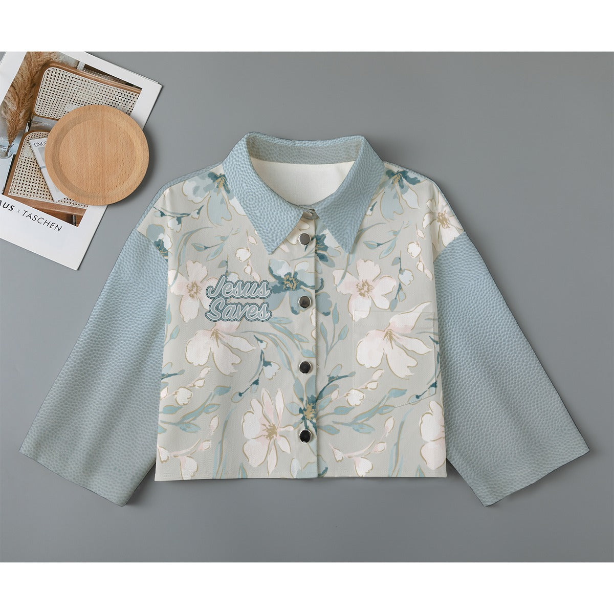 "Jesus Saves" Blue Faux Cotton Leather & Floral Women's Cropped Jacket | 245GSM Cotton
