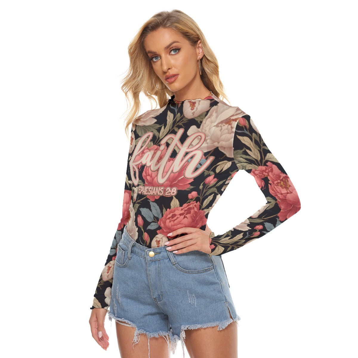Faith Ephesians 2:8 Pink Black Floral Mesh Women's T-shirt Long Sleeve