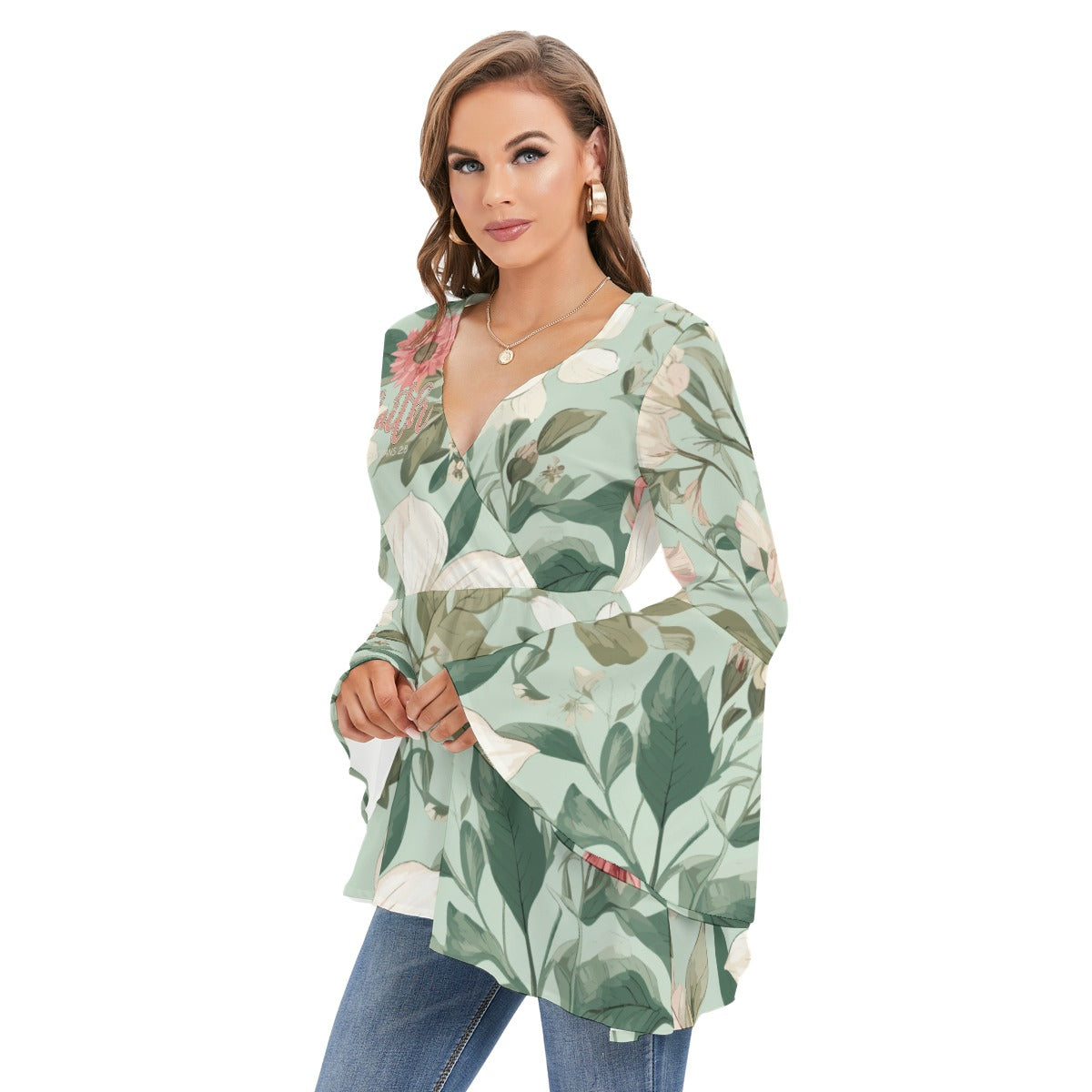 "Faith Ephesians 2:8" Women's V-neck Polyester Blouse with Flared Butterfly Sleeves